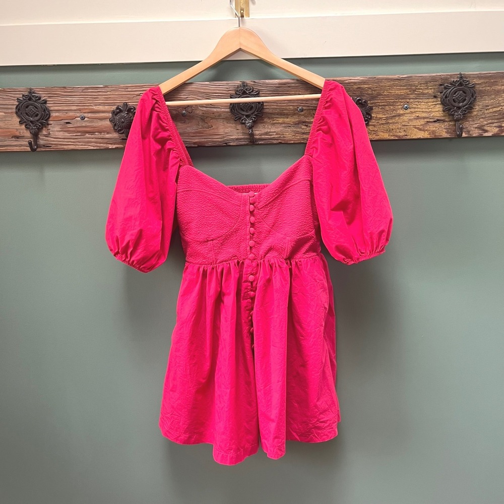 Maeve Anthropologie Pink Puff‎ Sleeve Mini Dress Sweetheart Smocked Back Medium